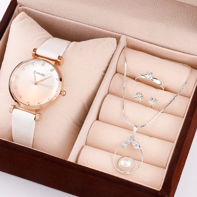 Ladies-Wristwatch-Set-4pcs-Leather-Quartz-Watch-with-Pearl-Crystal-Rhinestone-